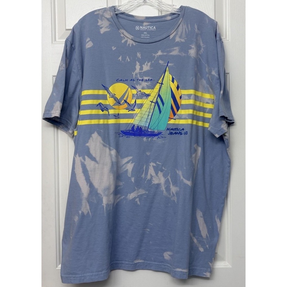Custom Nautica Jeans Co Reverse Tie Dye T Shirt 3XL Vintage Style Sailboat Blue